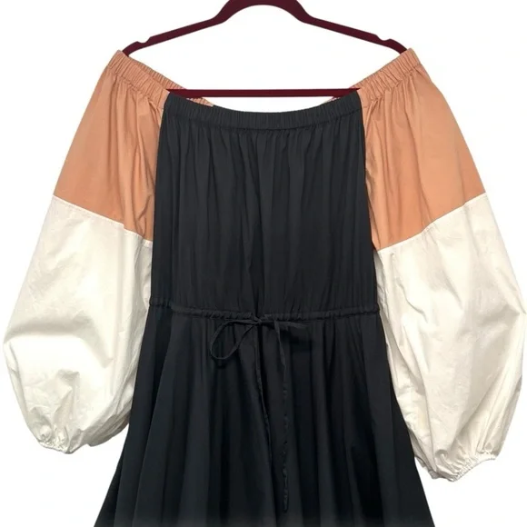 Staud Juliet Colorblock Off The Shoulder Cotton Bubble Hem Puff Sleeve Dress S - Picture 7 of 13